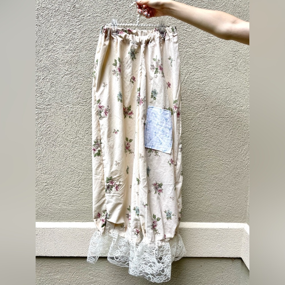 Cottagecore/farmhouse floral cotton pantaloon style pants with Lace Hem